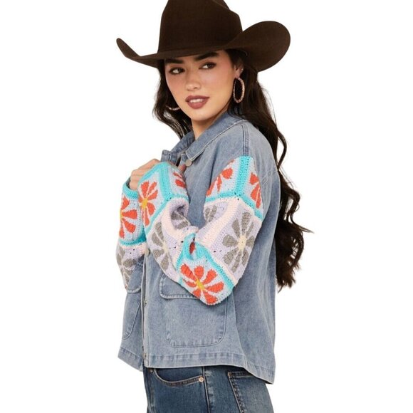 Mystree Crochet Sleeve Medium Wash Denim Jacket Bohemian Size M - Picture 4 of 11